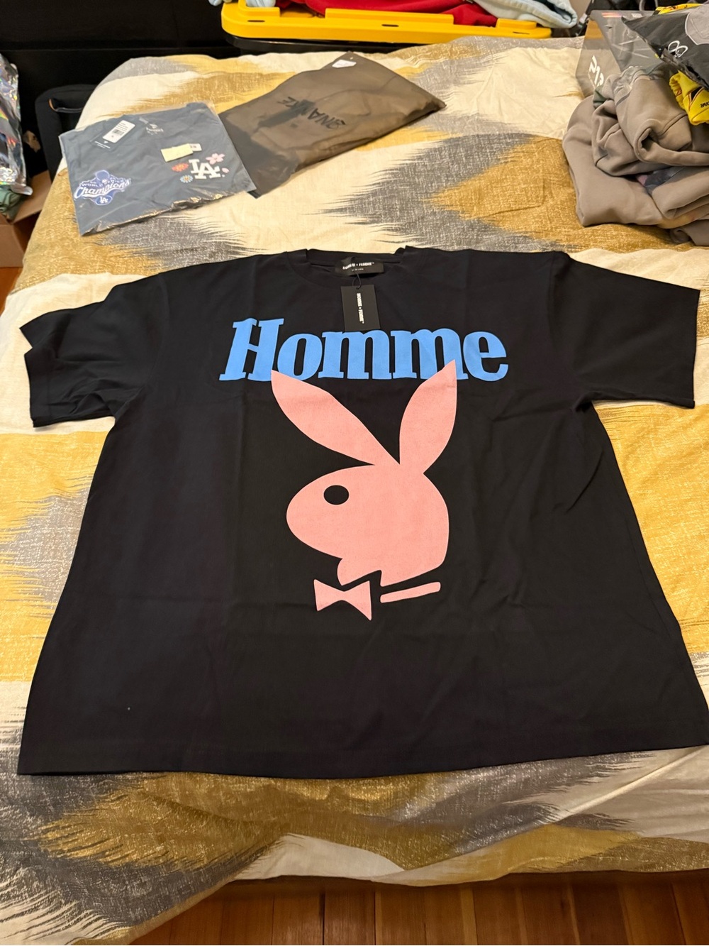 Homme Femme Playboy Graphic Tee in Black with Pink Bunny and Blue Logo size XL
